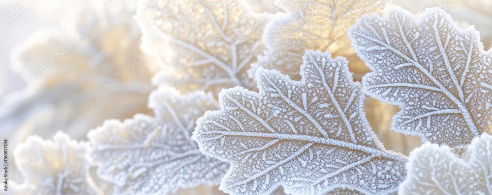 Poster a close-up of frost-covered leaves with intricate ice patterns, set against a soft winter background