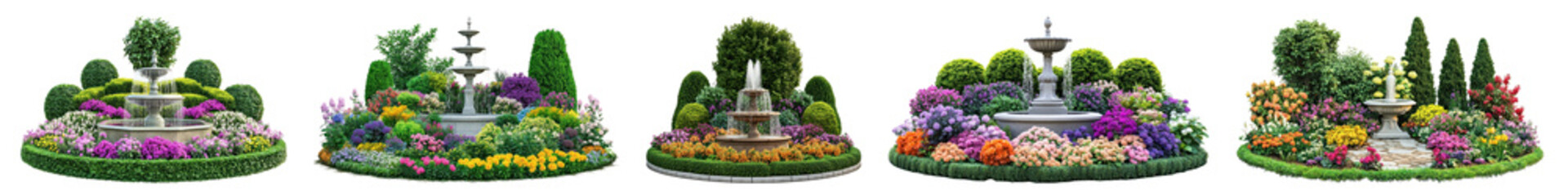 Obraz premium PNG Vibrant garden fountains display, isolated element set, transparent background