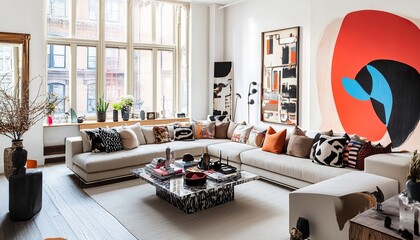 A chic, modern living room with a large sectional couch, artistic decor, and a statement coffee table, all balanced by a large, bright window.