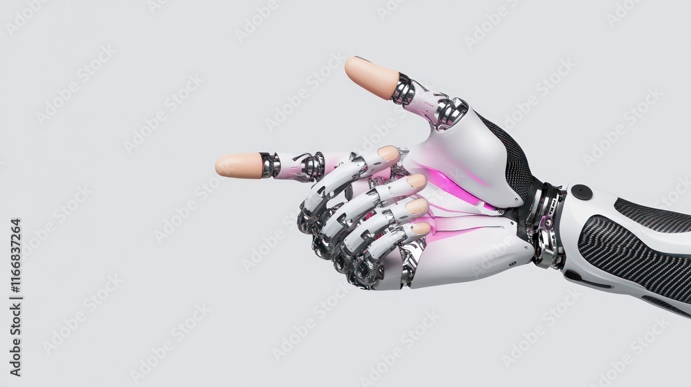 Poster robotic hand in a pointing gesture, showcasing advanced technology.