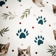 Naklejka premium Seamless Pet Paw Prints Pattern Cats Dogs Leaves Dots Background