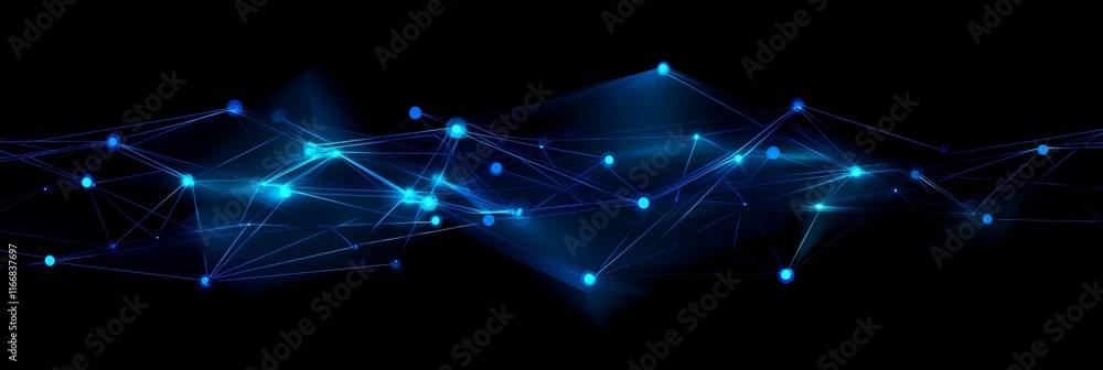 Poster abstract digital network showcasing interconnected nodes and lines in deep blue hues on a dark backg