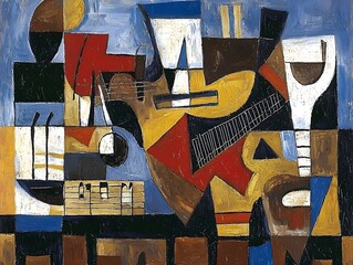 A cubist painting of a jazz ensemble in vibrant blues, reds, and yellows captures the music’s dynamic rhythm
