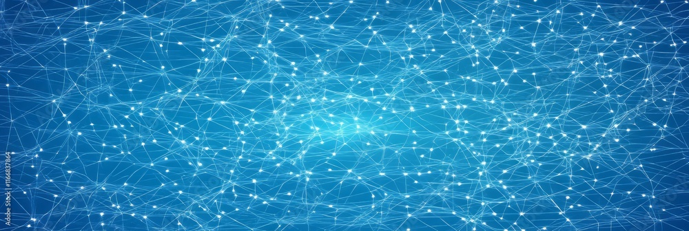 Poster network of bright nodes interconnected on a blue background showcasing digital technology and data f