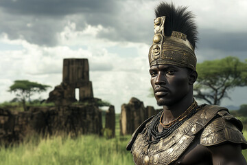 African king with a headdress in an African landscape with ruins.