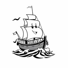 Smiling Ship: A cheerful cartoon sailboat with a big grin sails through the waves, its white sails billowing in the wind. A perfect image for kids' books, nautical-themed designs.