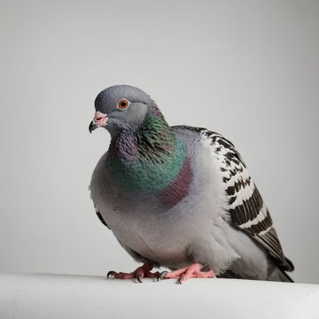 A puffed-up pigeon perched confidently on a white background.
