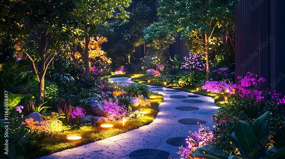 Aufkleber futuristic iot powered garden with automated lighting smart environmental sensors and glowing path l