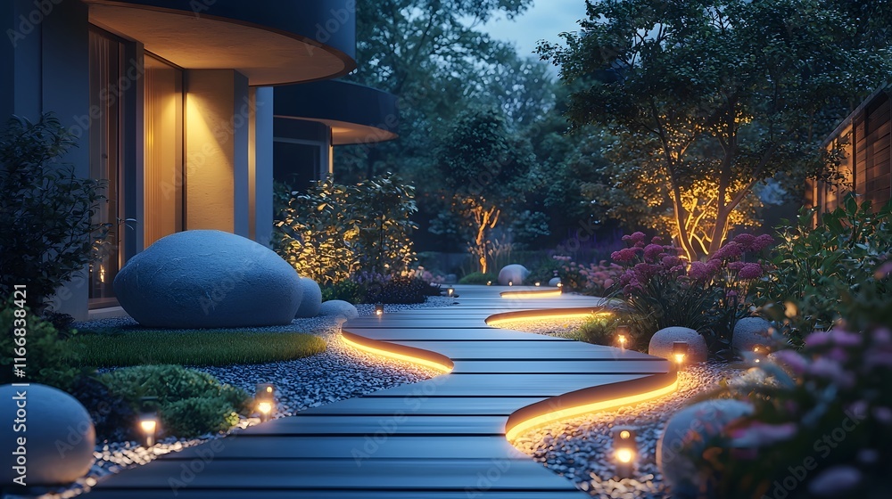 Poster futuristic iot powered garden with automated lighting smart environmental sensors and glowing path l