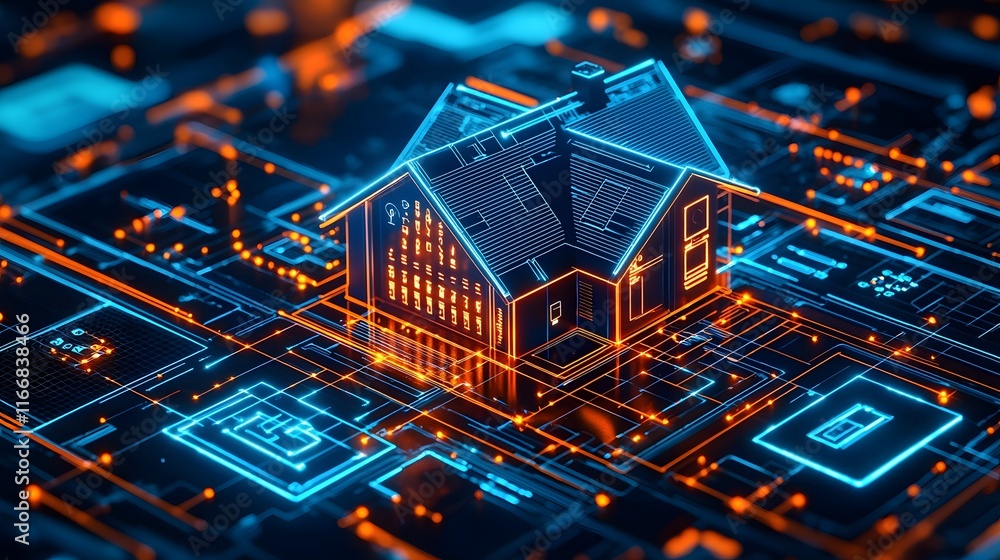 Poster futuristic smart home interior featuring a centralized control panel with glowing holographic displa