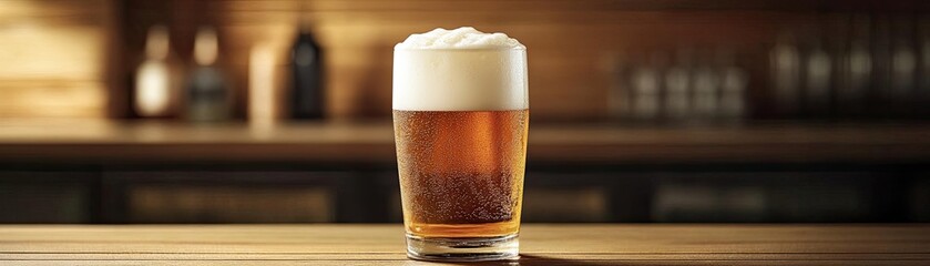 A glass of cold beer with foam at the top, served at a bar