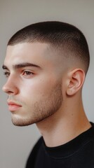 Fototapeta premium A bold buzz cut with clean, sharp edges and a subtle fade for a sleek and low-maintenance hairstyle.