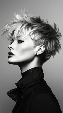 A bold, graphic pixie cut with sharp edges and a tousled top, styled for a contemporary and edgy appearance.
