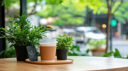 cozy coffee shop corner with warm tones and lush indoor plants