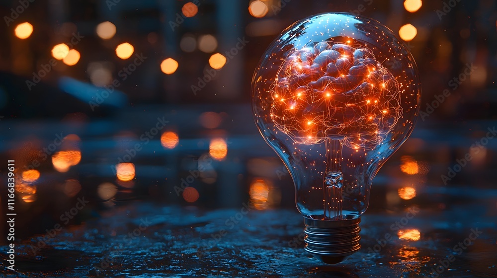 Poster 3d of a lightbulb with a digital brain representing technological innovation intellectual capacity a