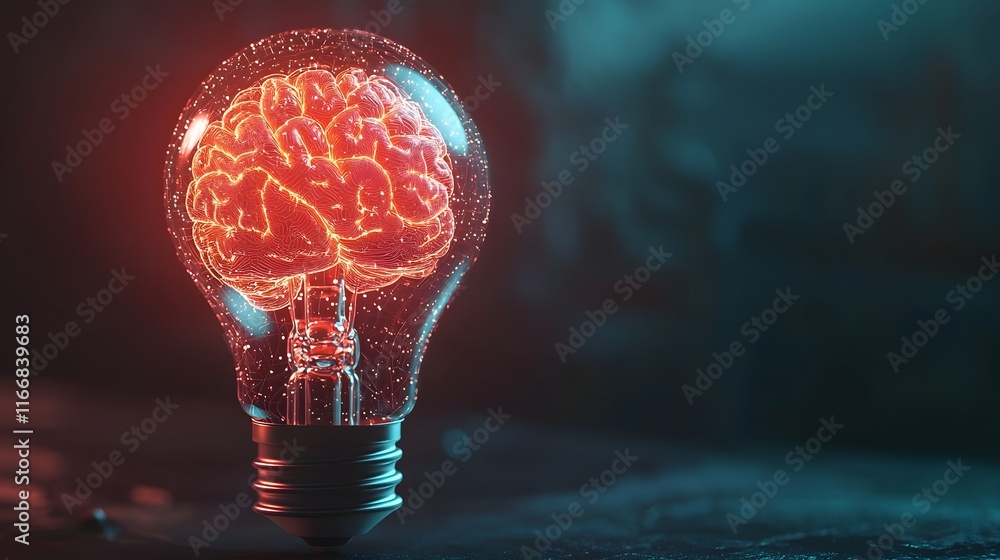 Poster 3d rendered digitalized lightbulb with interconnected brain symbolizing innovative business technolo