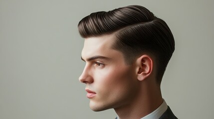 A classic men hairstyle with a clean-cut part, faded sides, and polished, combed hair for a timeless look.