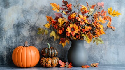 Autumn Floral Arrangement with Pumpkins on Table Against Rustic Background