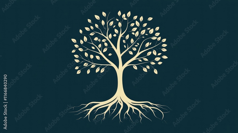 Poster minimalist line art design of a tree with roots and branches, symbolizing connection and growth
