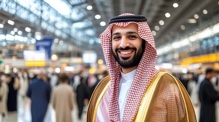 Smiling Saudi Man in Traditional Attire at a Busy Airport