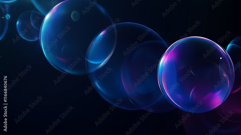 Poster colorful soap bubbles floating gracefully against a dark background in a mesmerizing display of ligh
