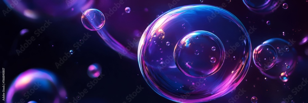 Aufkleber colorful soap bubbles floating in a dark background with vibrant reflections and shimmering textures