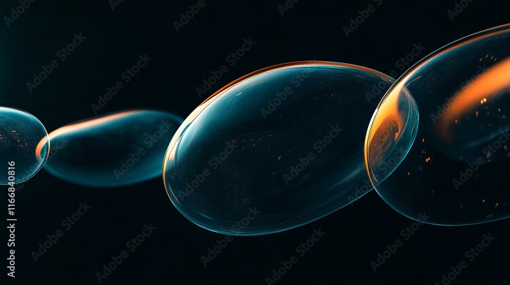 Poster bubbles floating elegantly in a dark background reflecting light at a close angle