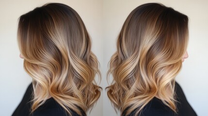 A creative display of balayage hair shades, blending dark chocolate roots with golden caramel and sun-kissed blonde ends.