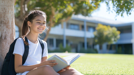 Obraz premium Australian girl sitting on grass under the tree reading a book studying