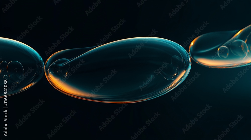 Poster beautifully formed translucent bubbles floating gracefully in a dark environment highlighting their 
