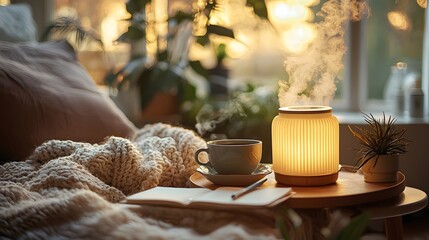 Cozy and Inviting Home Setting with a Steaming Cup of Tea an Open Journal and Soft Blankets Creating a Serene and Comforting Self Care Sanctuary for Relaxation and Reflection