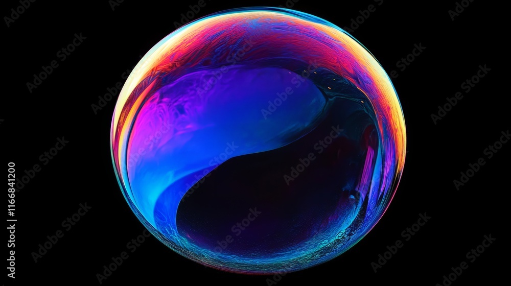 Poster colorful soap bubble floating in dark space with iridescent reflections and highlights at twilight
