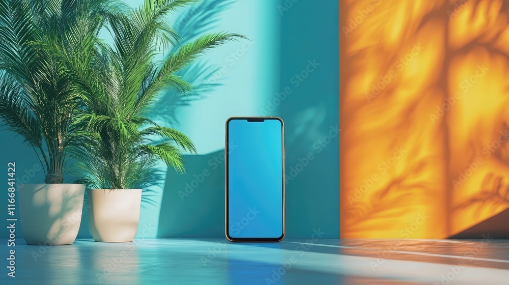 Poster mockup of smartphone in vibrant pacific blue color, 3d rendering. realistic design with clear screen