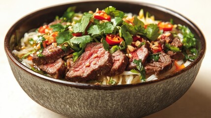 Fototapeta premium A hot bowl of pho with noodles, herbs, and sliced beef