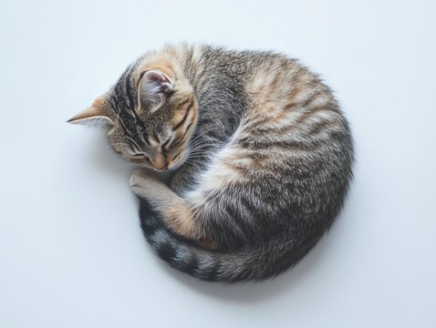 Sleeping tabby kitten curled up on white background.