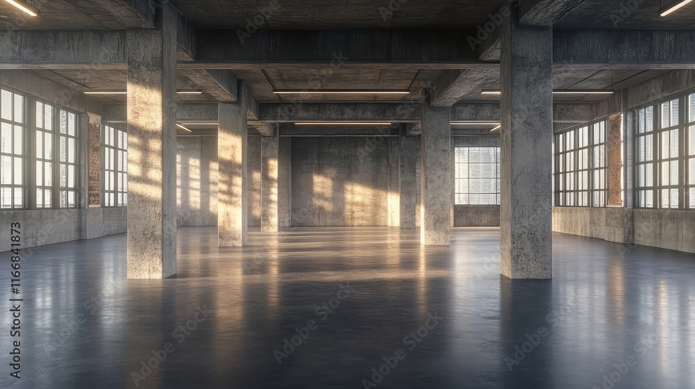 Poster modern concrete hall with columns and glowing windows, 3d render. empty interior space with clean in