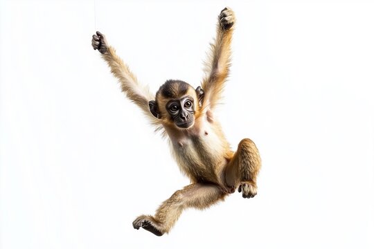 Baby monkey hanging and swinging on white background