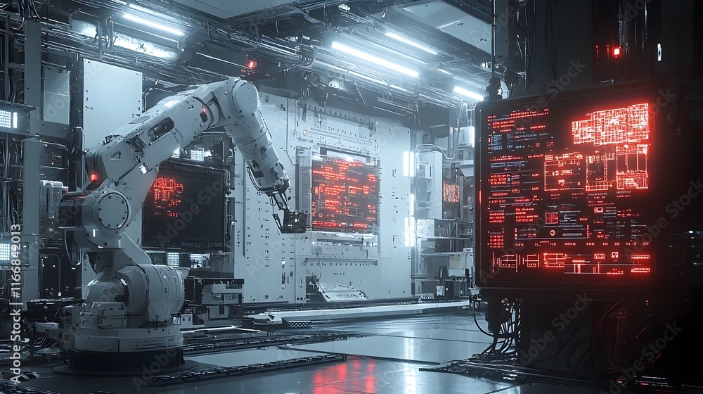 Poster cutting edge robotic arm meticulously assembling products in a state of the art industrial automatio