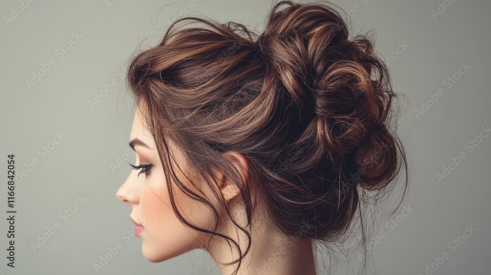 Wall mural a hairstyle banner showcasing a textured messy bun with soft curls framing the face, perfect for a c
