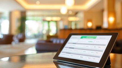 Close-up of a digital tablet displaying a hotel booking interface with various room prices and options, emphasizing hotel pricing strategies. Convenience, promotion, tourism, additional services