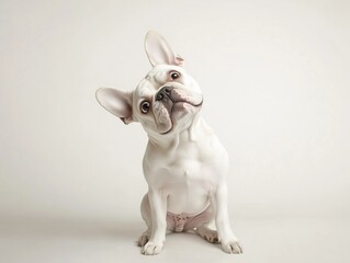 Playful French Bulldog tilting head in soft light.