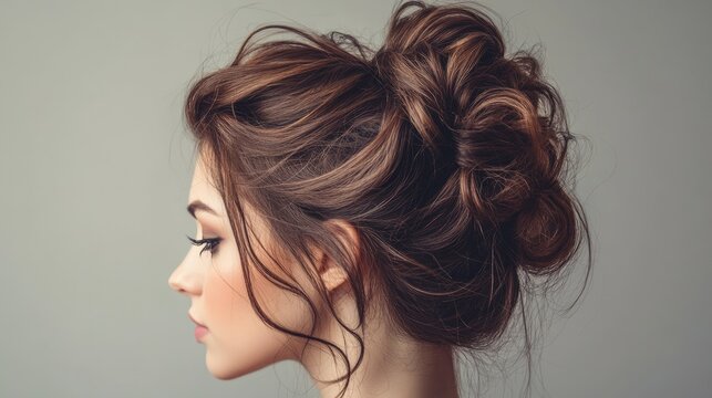 A hairstyle banner showcasing a textured messy bun with soft curls framing the face, perfect for a casual look.