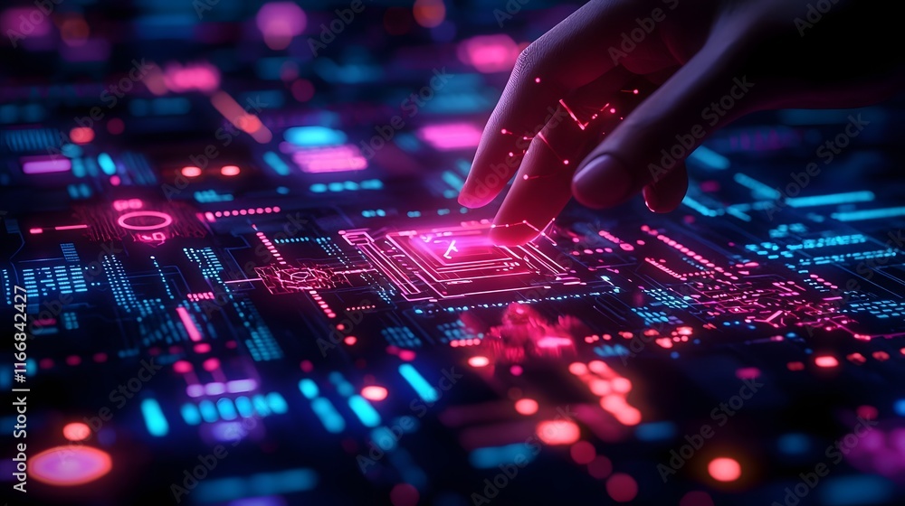 Poster digital entrepreneur driving innovation driven projects with glowing high tech interfaces in a sleek