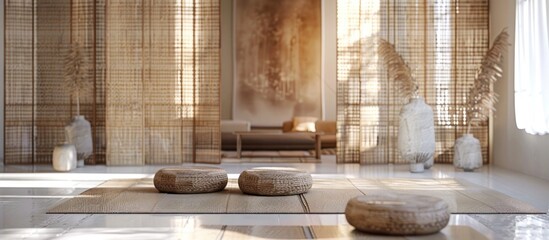 Elegant and modern meditation room featuring bamboo furniture natural decor elements and ample natural light creating a serene and tranquil atmosphere for yoga practice mindfulness