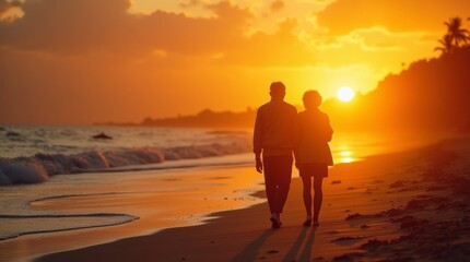 A silhouette of an elderly couple walking on a beach at sunset