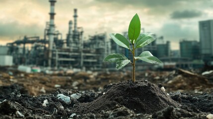 Young Green Plant Growing in Contaminated Soil Against Industrial Background