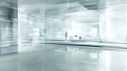 Futuristic Digital Landscape: A Man Contemplates in a Glass-Enclosed Tech Space