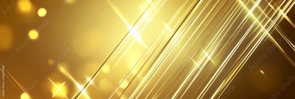 Poster shimmering golden abstract background featuring light rays and sparkling bokeh effects from a festiv