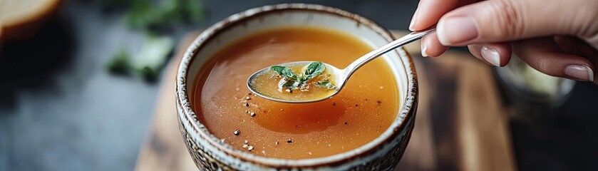 A person tasting soup with a spoon, checking for flavor