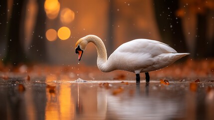 Elegant swan feeding in autumnal water.